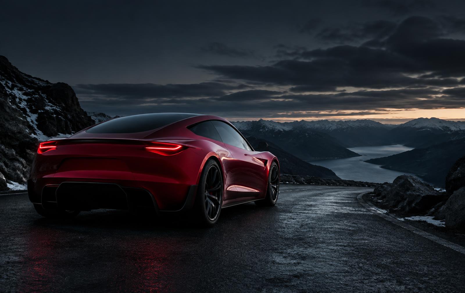 Roadster ready to order on a mountain road at dusk